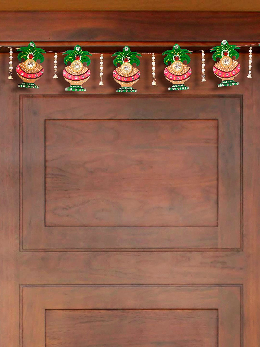 

eCraftIndia Unisex Green & Brown Embellished Papier Mache & Wooden Decorative Kalash Bandarwal