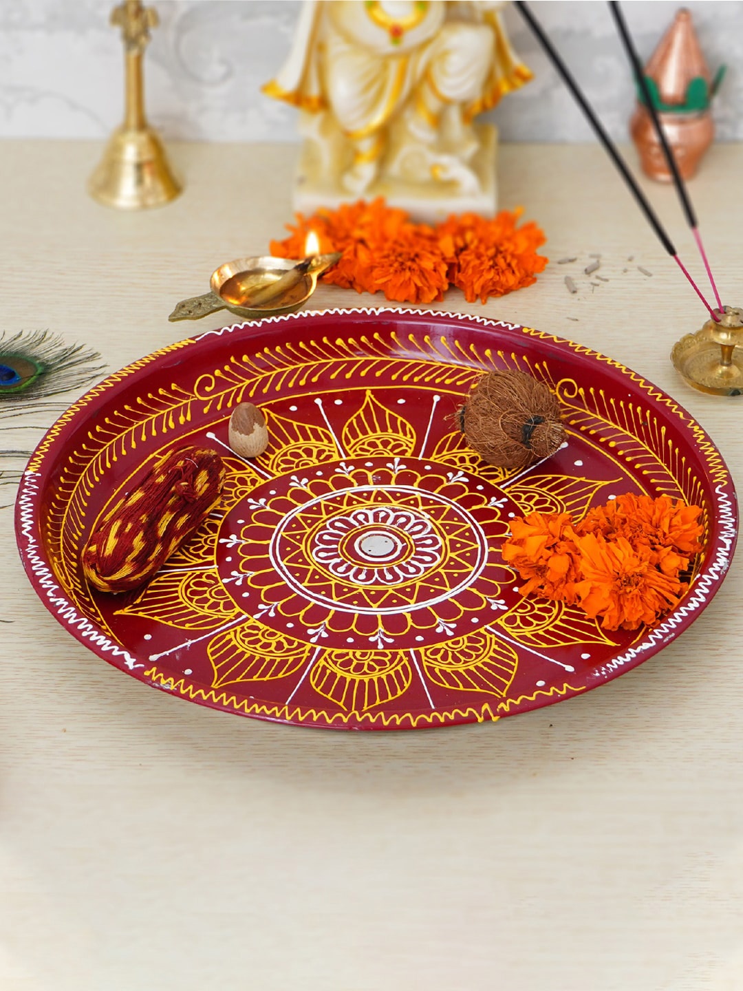 

eCraftIndia Red & White Handcrafted Decorative Pooja Thali