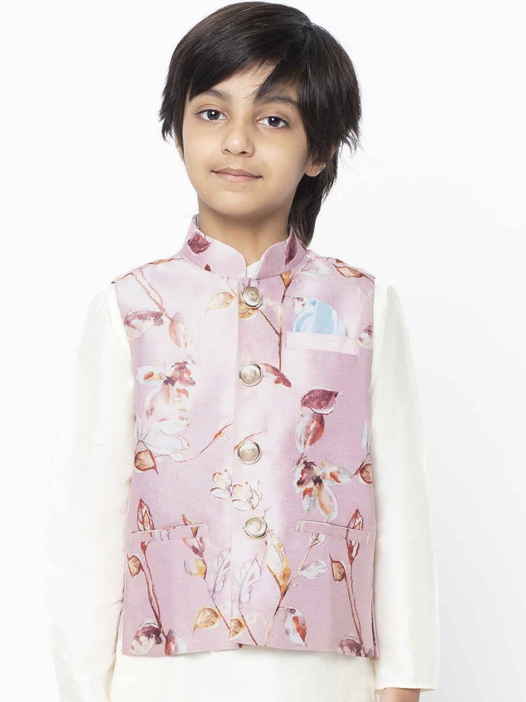 KISAH Boys Pink & Brown Printed Satin Nehru Jacket