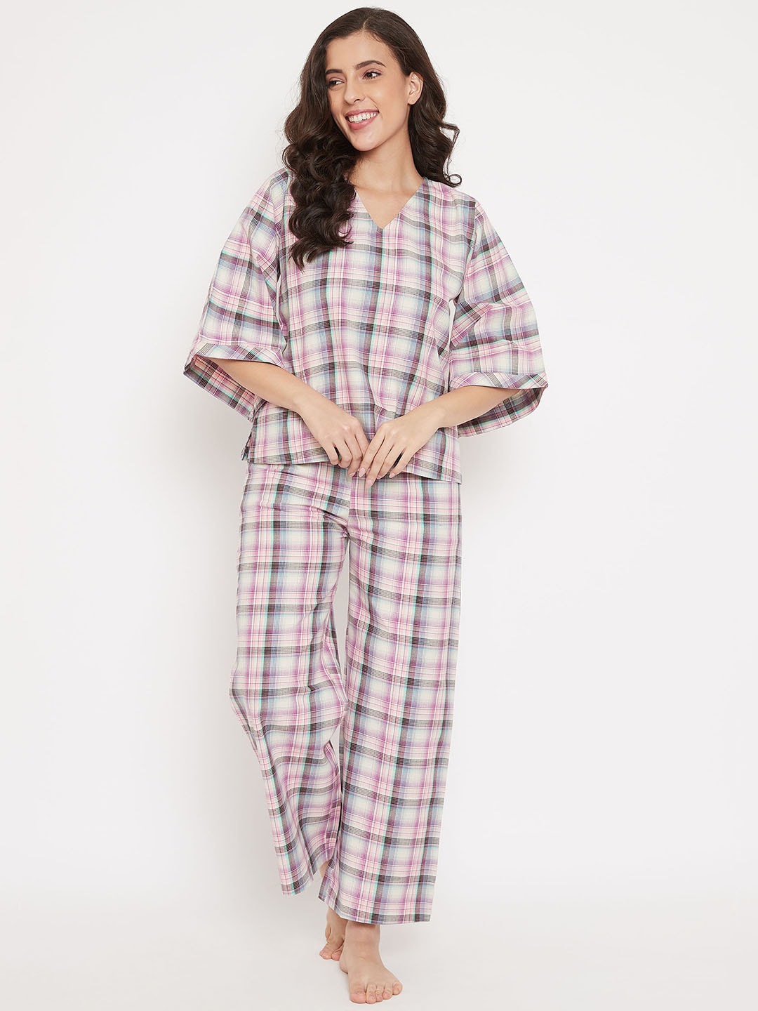 

The Kaftan Company Women Off-White & Purple Checked Night Suit
