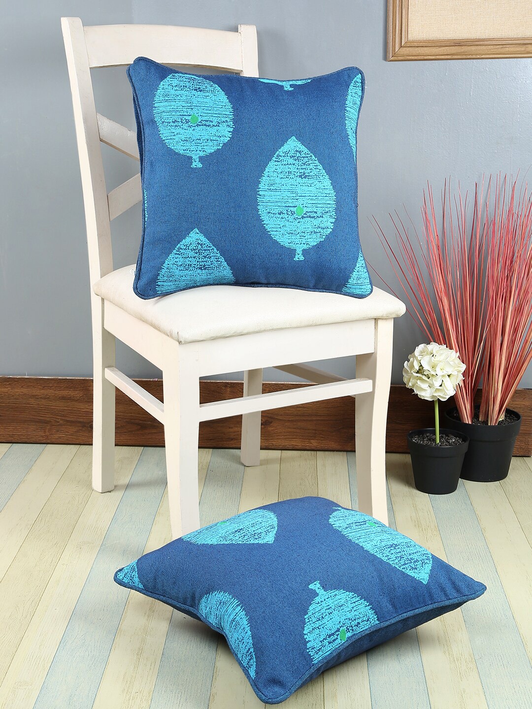 Soumya Blue Set of 2 Floral Square Cushion Covers