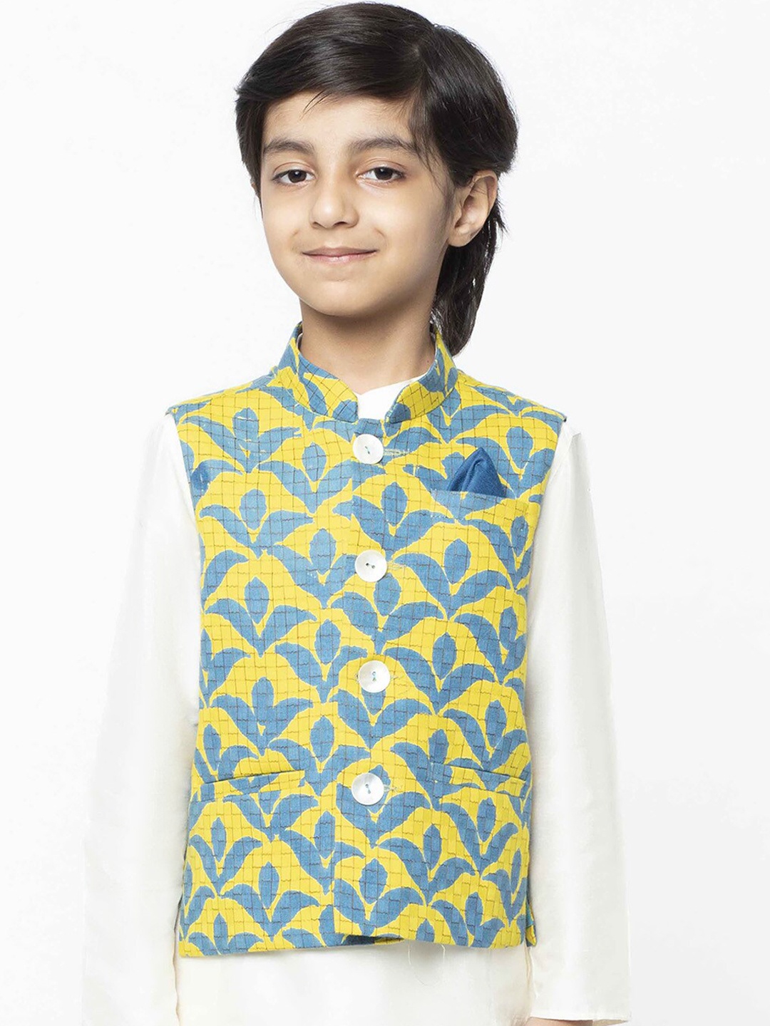 

KISAH Boys Blue & Yellow Printed Woven Nehru Jacket