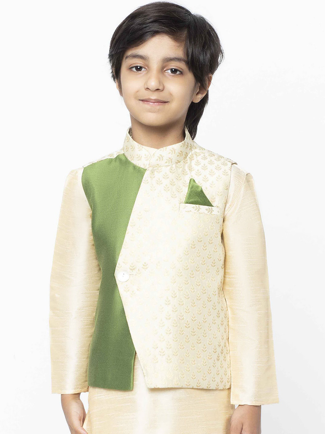 

KISAH Boys Cream-Coloured & Green Printed Nehru Jacket