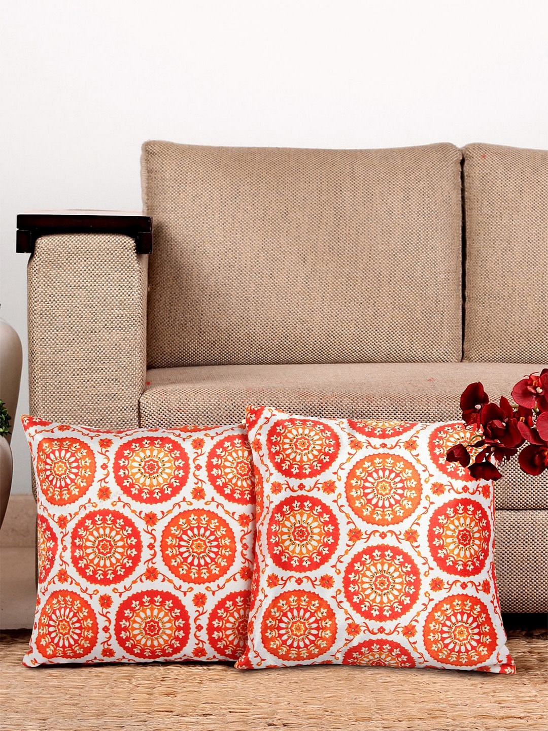 

NISRAG HOME Orange & White Set of 2 Floral Square Cushion Covers