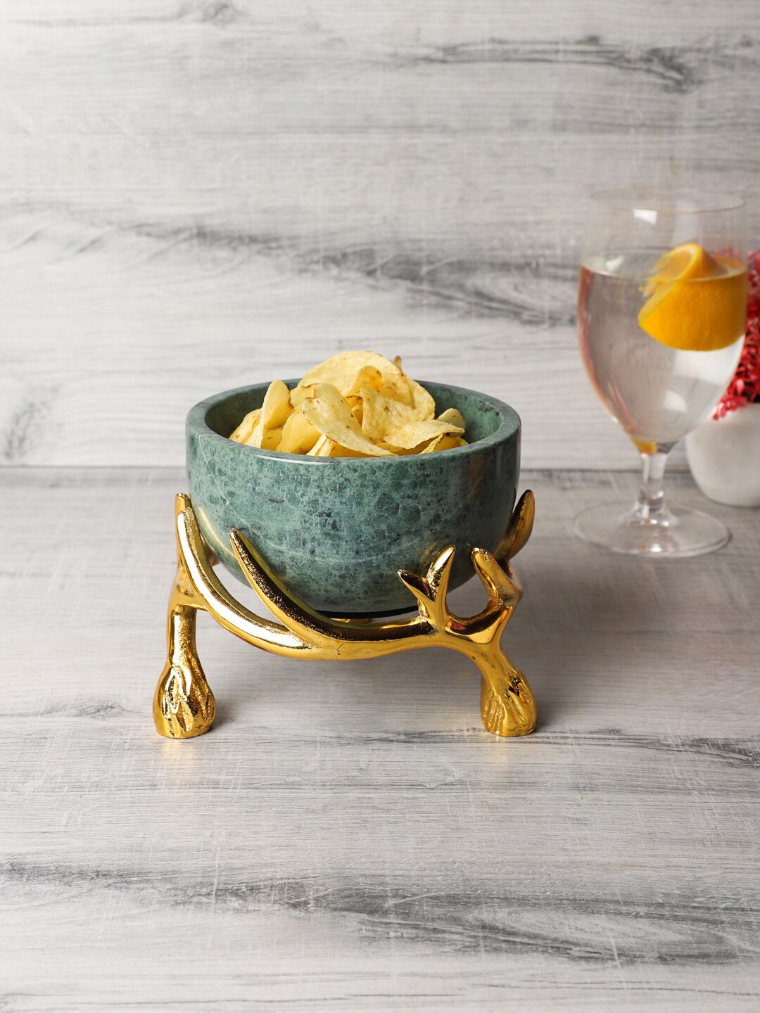 

NikkisPride Green & Gold-Toned Marble Bowl With Antler Stand