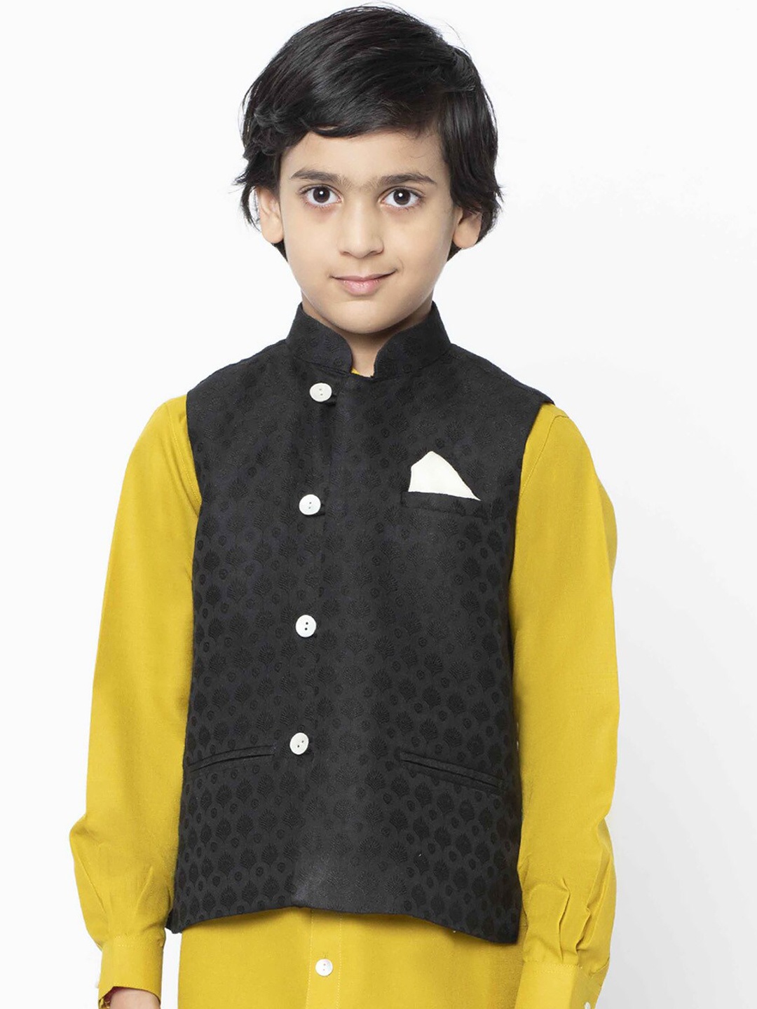 

KISAH Boys Black Woven Design Nehru Jacket