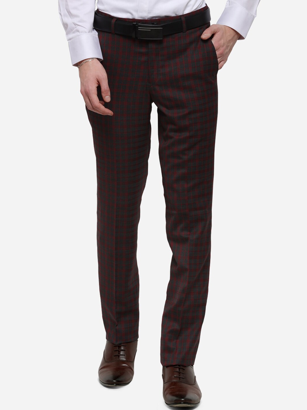 

JB STUDIO Men Coffee Brown & Red Slim Fit Checked Formal Trousers