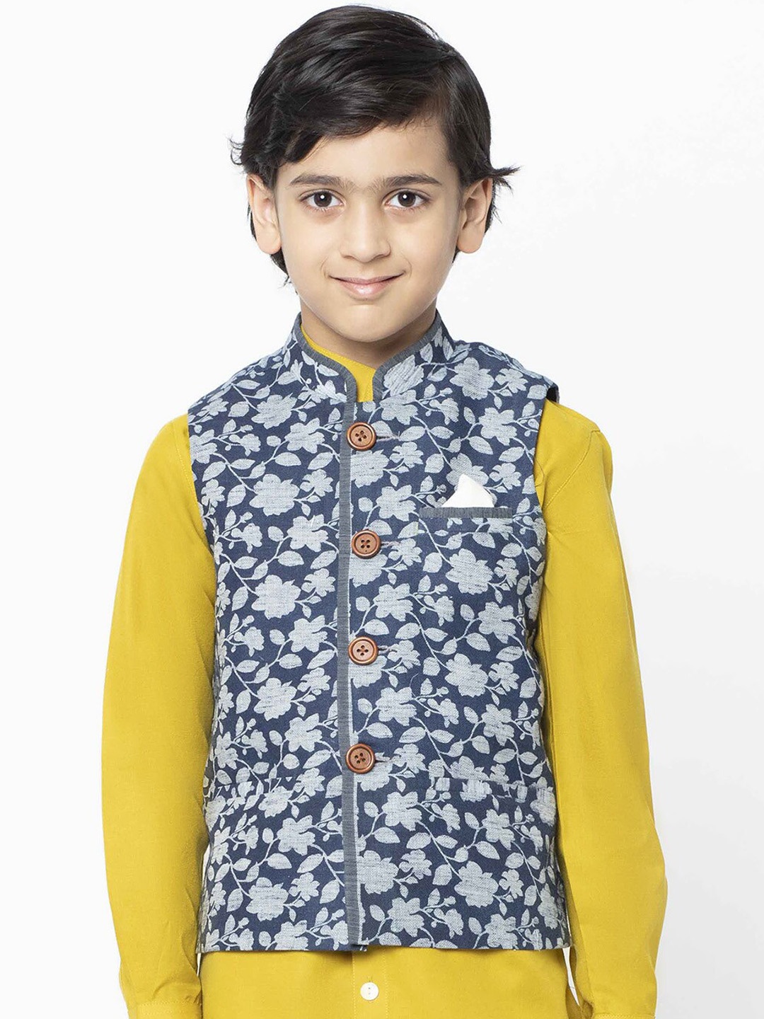 

KISAH Boys Navy Blue & Grey Floral Print Nehru Jacket