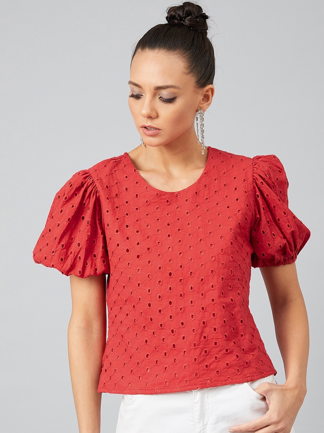 

Athena Women Red Self Design Styled Back Top