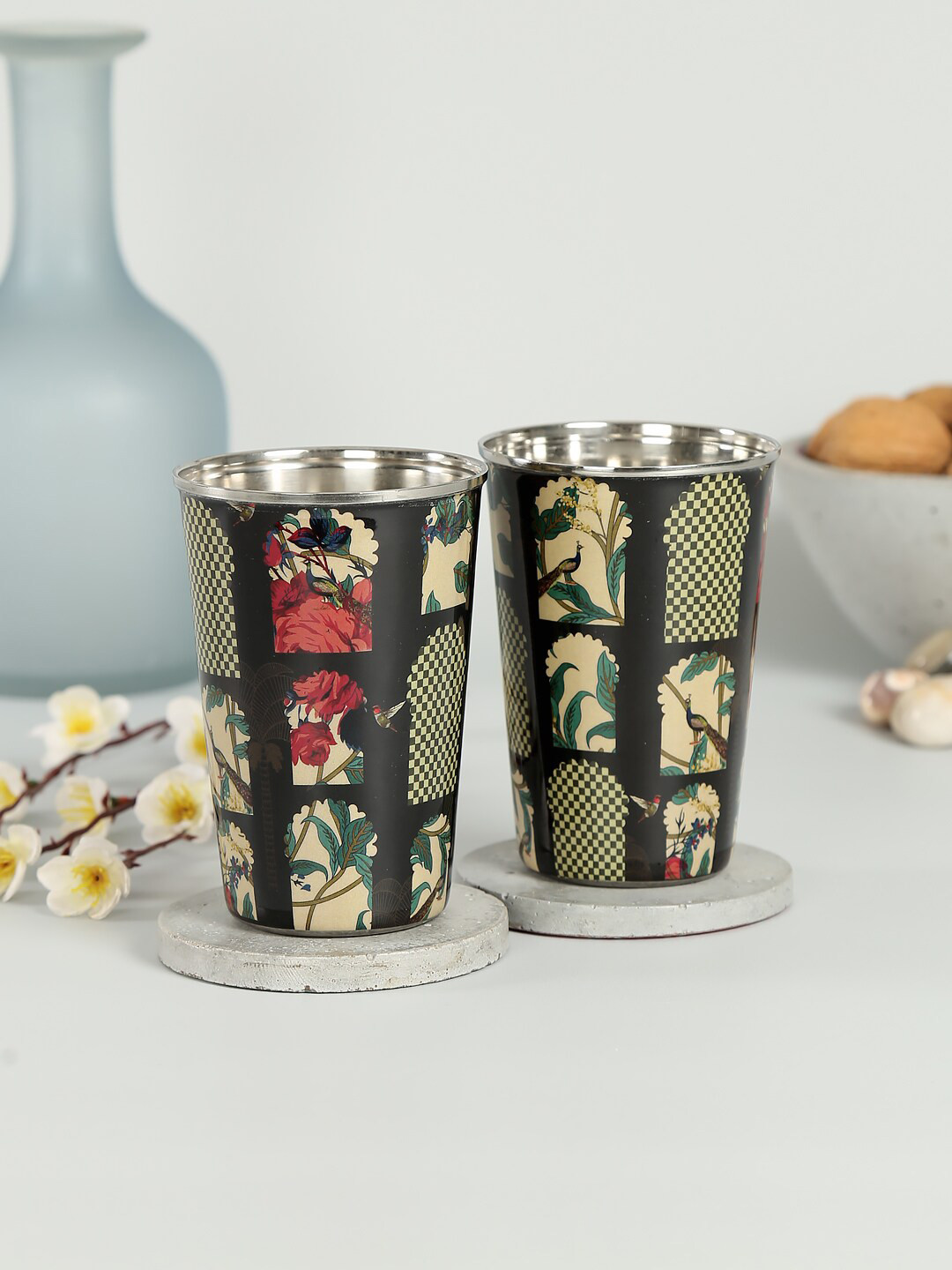 

India Circus by Krsnaa Mehta 2 Pcs Black & Green Printed Stainless Steel Cups Set