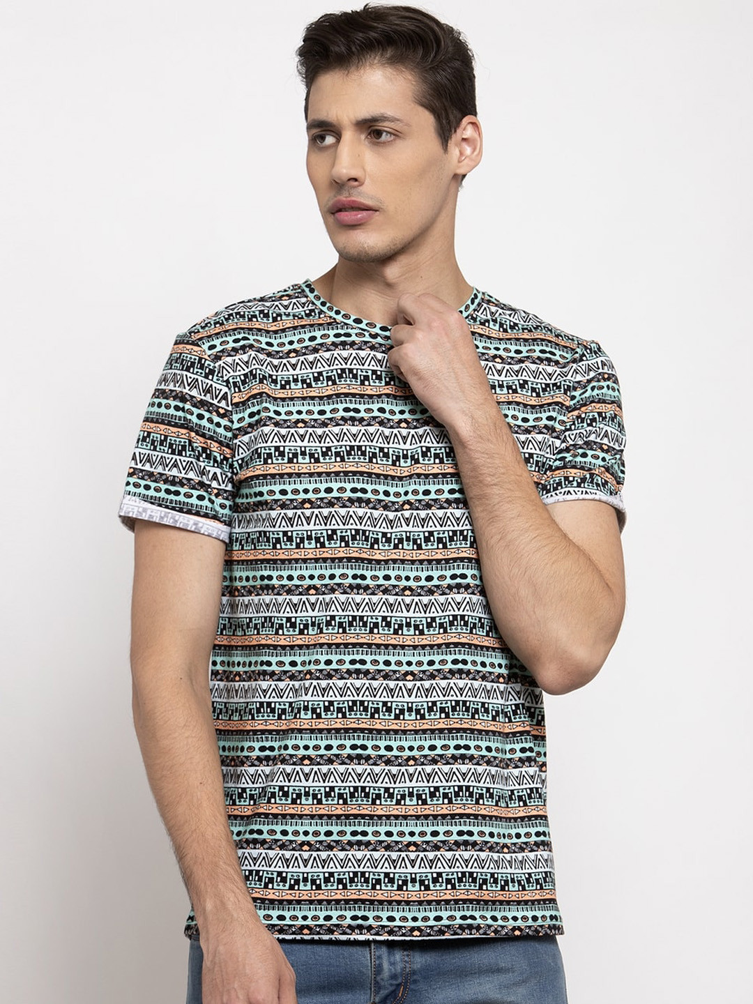 

DOOR74 Men Green & Black Printed Polo Collar T-shirt
