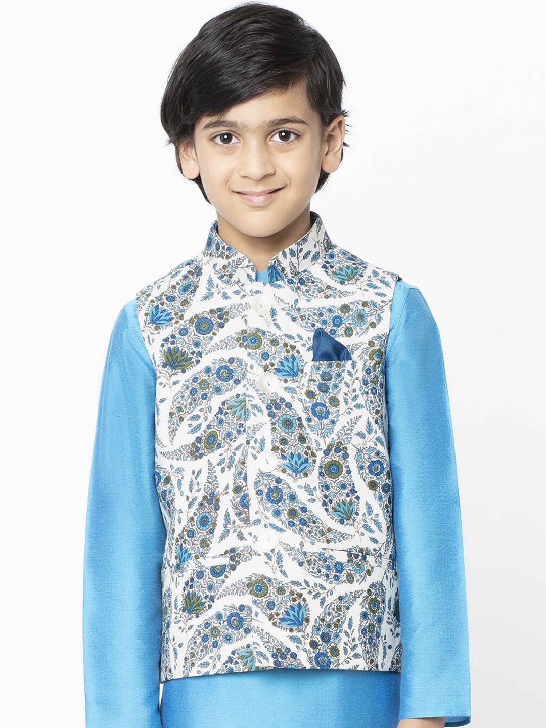 

KISAH Boys White & Blue Floral Print Nehru Jacket