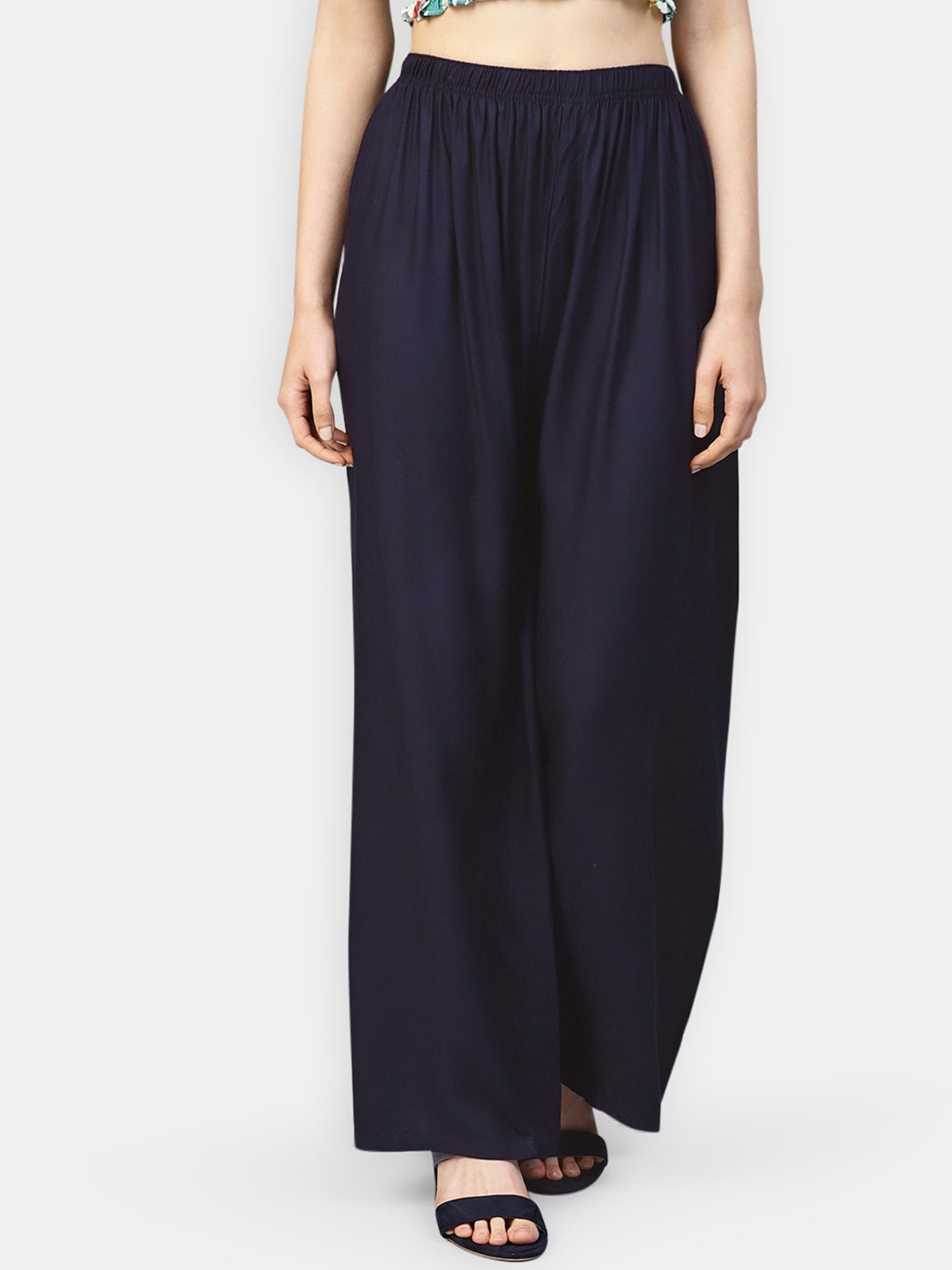 Jompers Women Navy Blue Solid Straight Palazzos