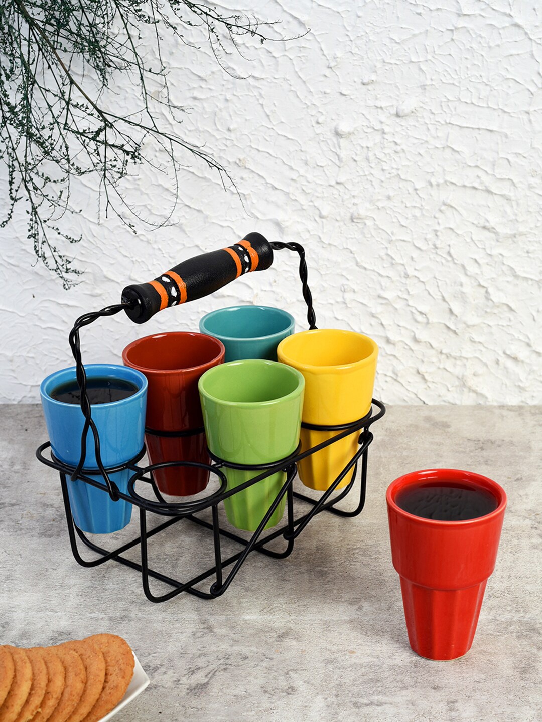 

Unravel India Multicoloured 6 Pcs Solid Ceramic Kulladhs Set With Stand, Multi