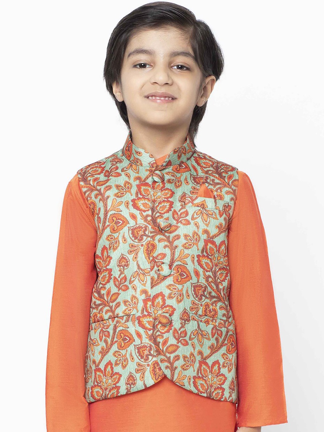 KISAH Boys Orange & Turquoise Blue Printed Nehru Jacket