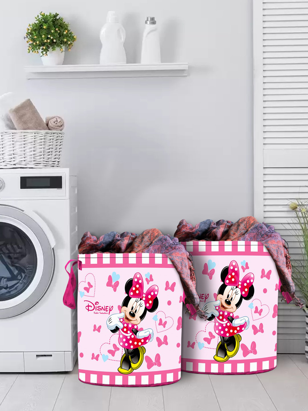 

Kuber Industries Set of 2 Pink & Blue Disney Minnie Print Foldable Laundry Basket