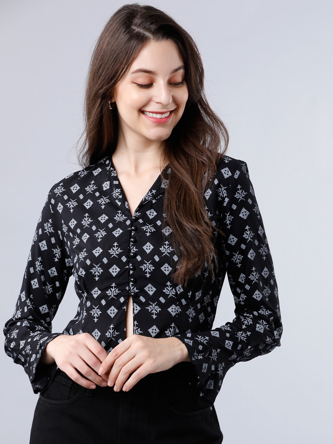 

Tokyo Talkies Women Black Printed Shirt Style Top