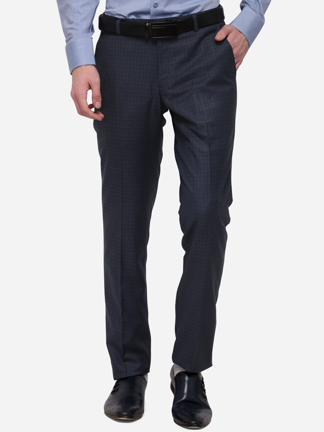 

JADE BLUE Men Navy Blue & Grey Skinny Fit Checked Formal Trousers