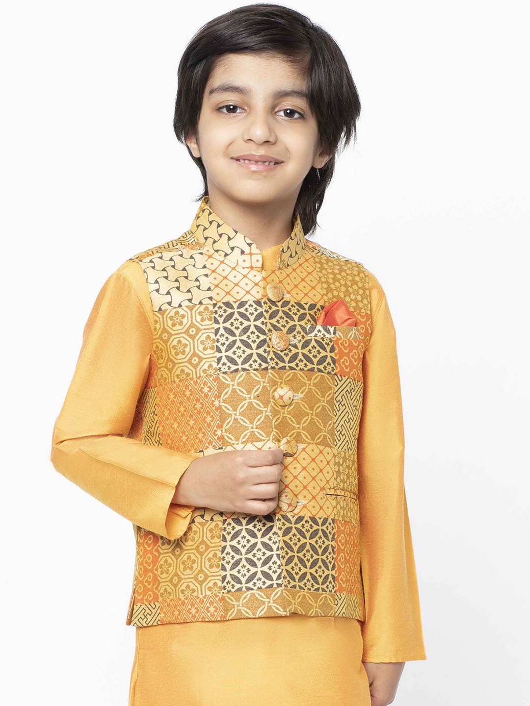 

KISAH Boys Orange & Grey Printed Nehru Jacket