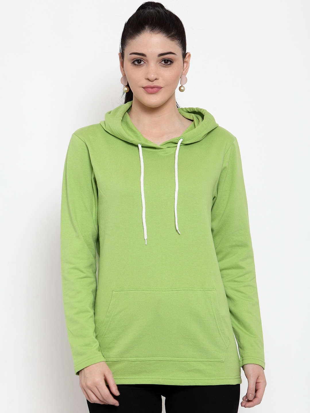 

DOOR74 Women Green Solid Hooded Sweatshirt