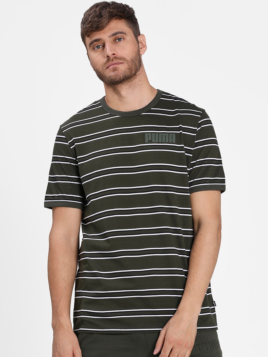 

Puma Men Olive Green Modern Basics Striped T-shirt