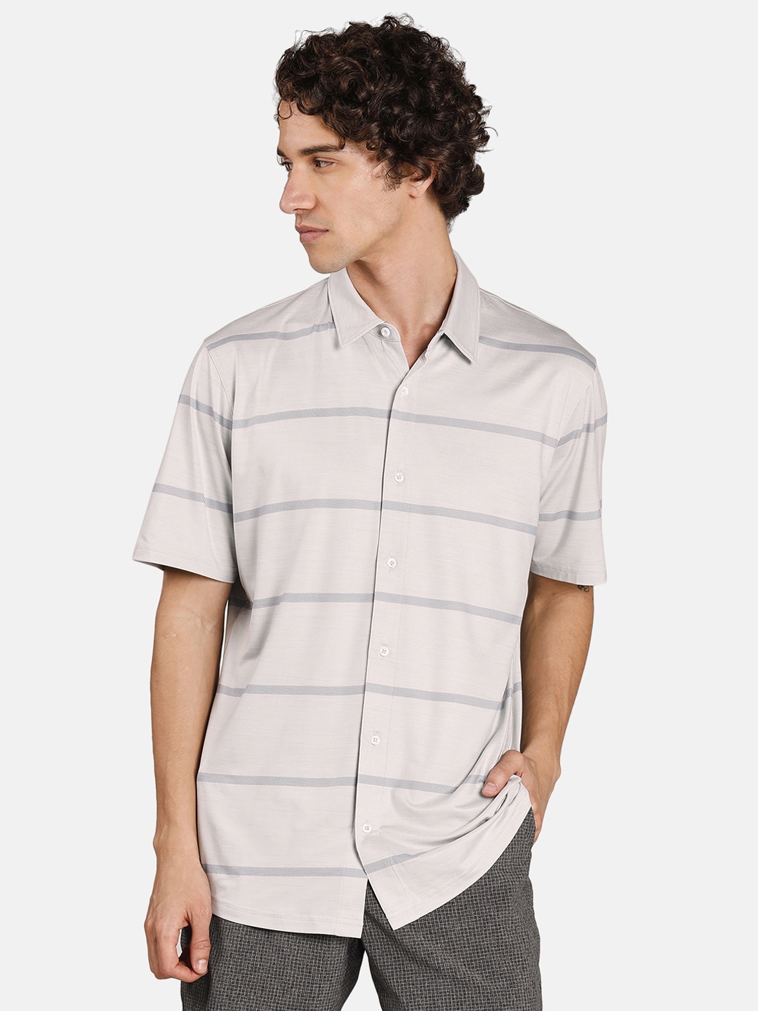 

Puma Men Grey Striped Round Neck T-shirt