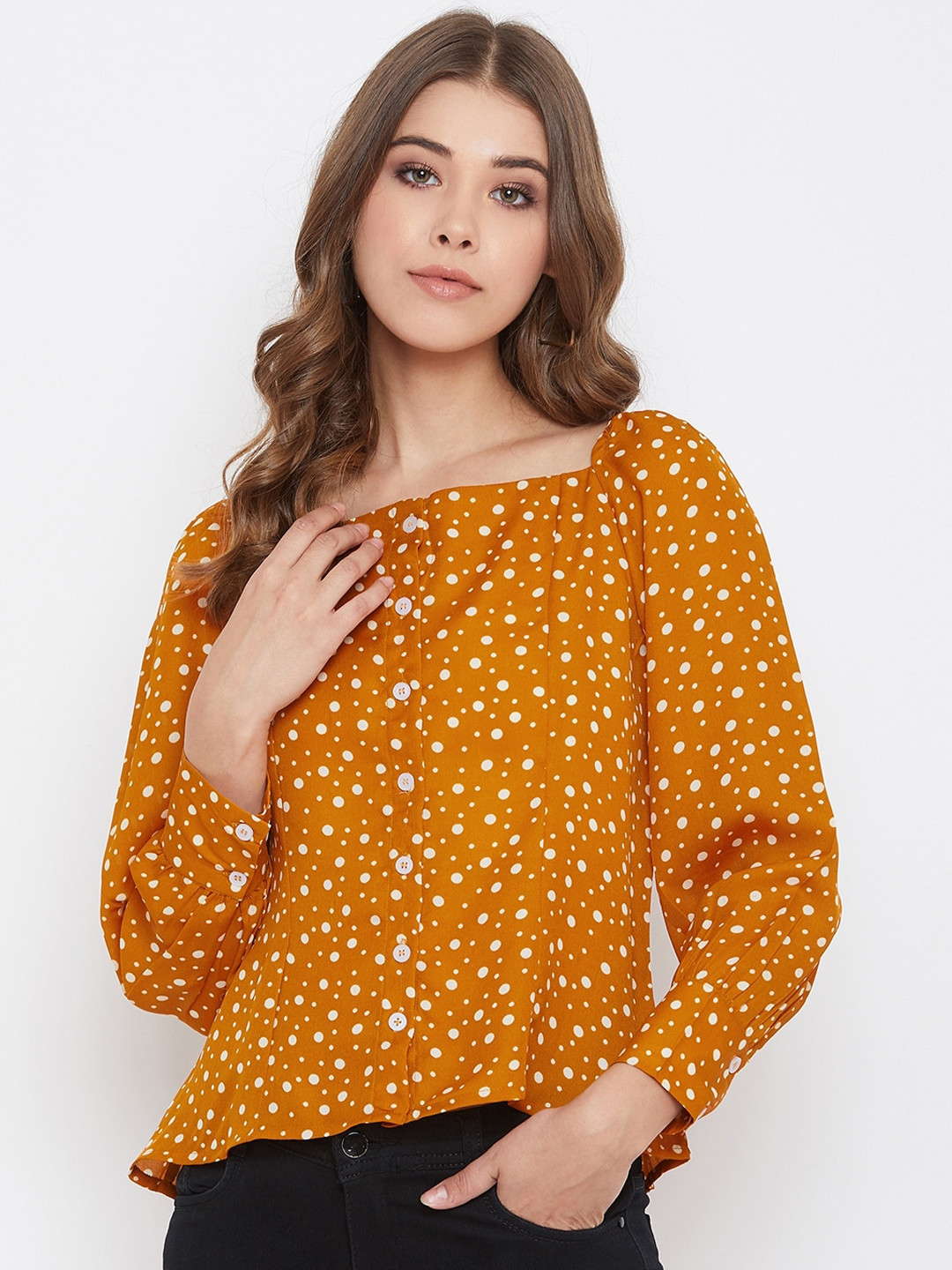 

PURYS Women Mustard Yellow Polka Dot Printed Blouson Top