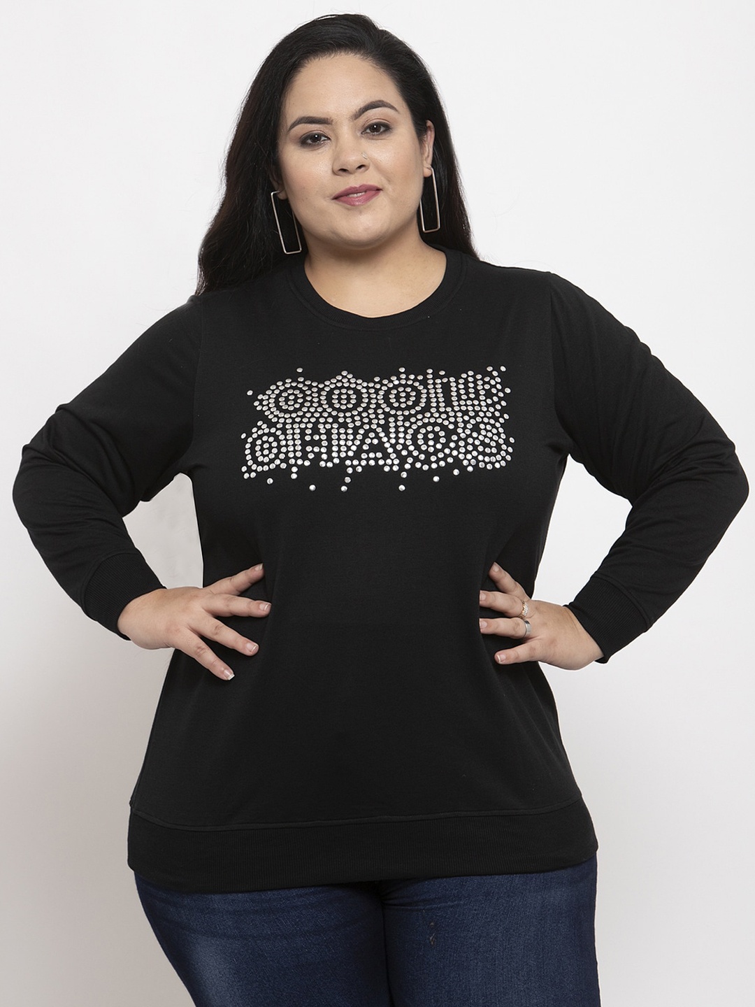 

plusS Women Black & White Printed Sweatshirt