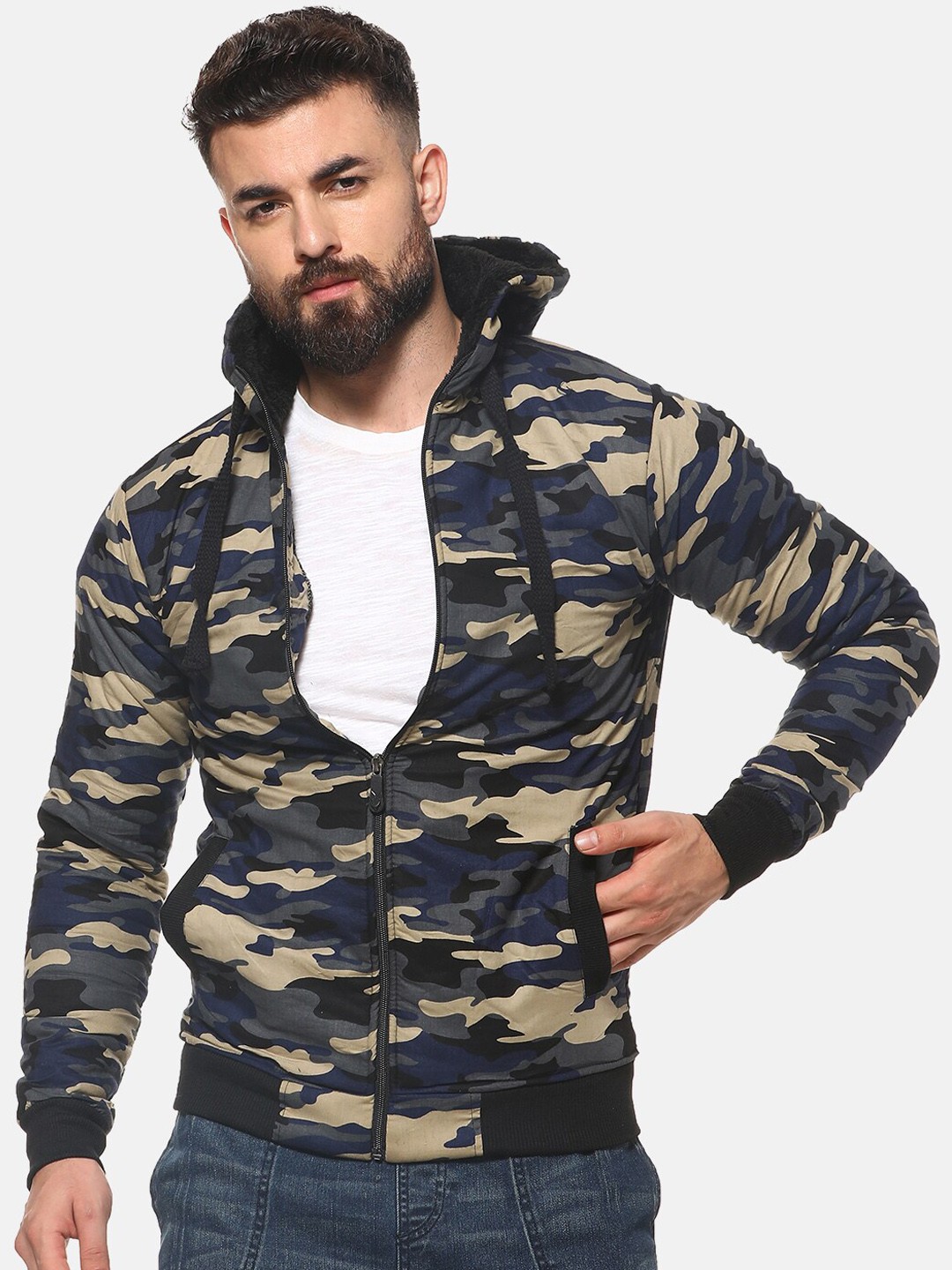 

Campus Sutra Men Blue & Beige Printed Hooded Sweatshirt