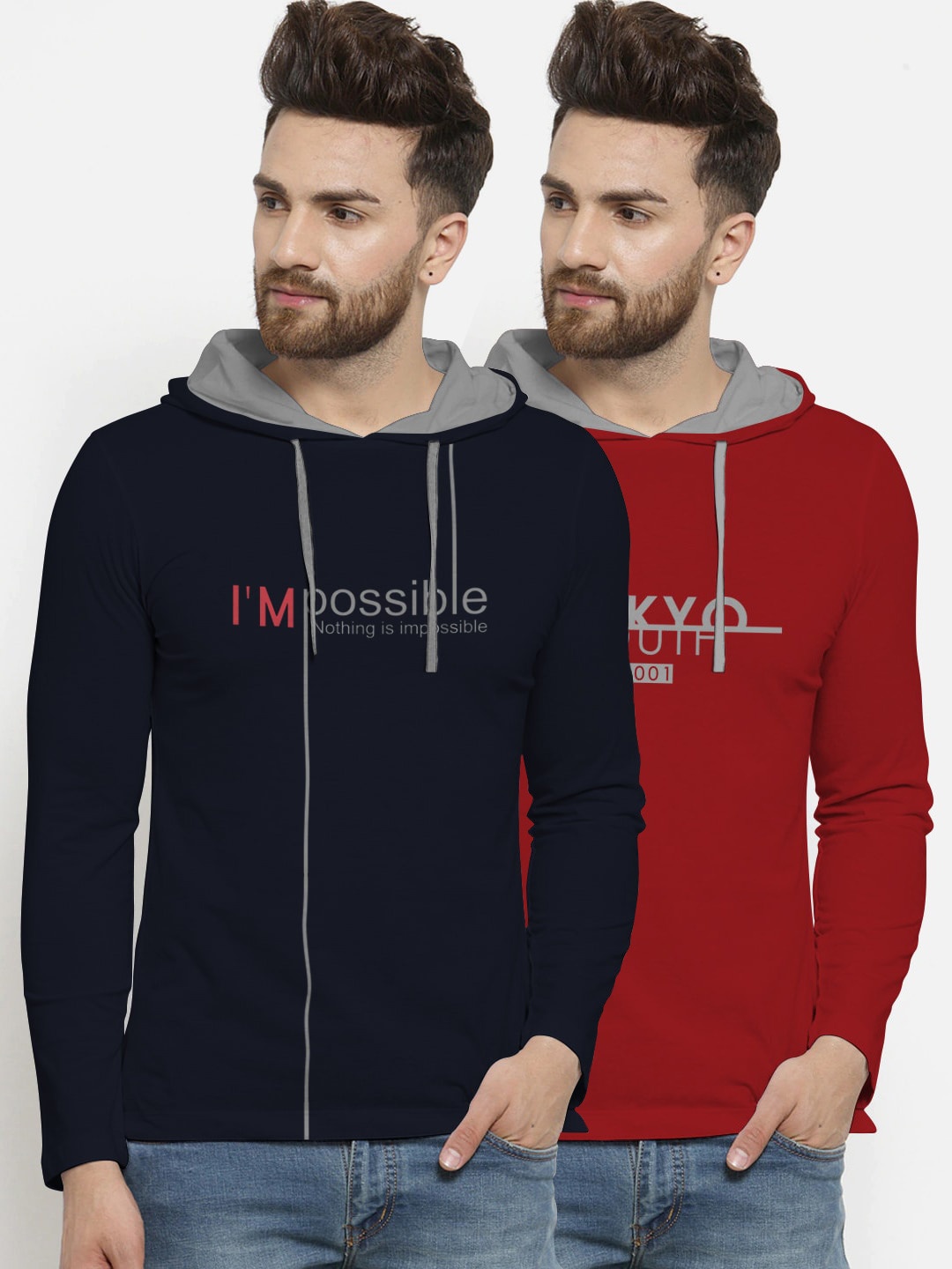 BULLMER Men Pack of 2 Printed Hooded T-shirts, Navy blue