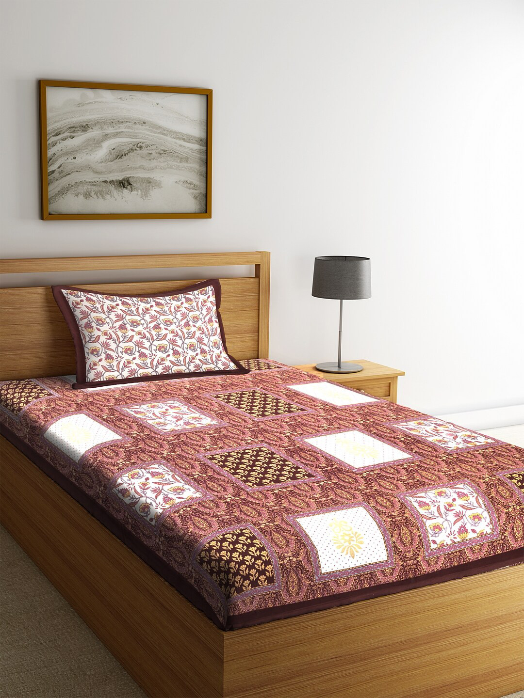 

Rajasthan Decor Maroon & White Floral 144 TC Cotton 1 Single Bedsheet with 1 Pillow Covers