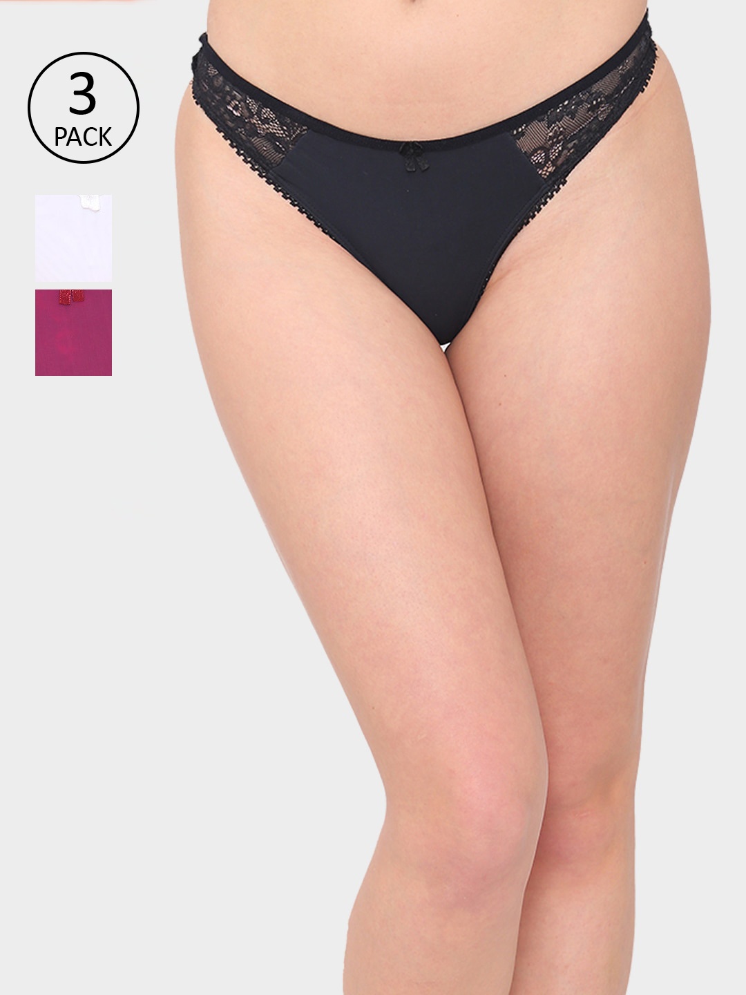 

N-Gal Women Pack Of 3 Solid Lace Thongs NTDT12, Black