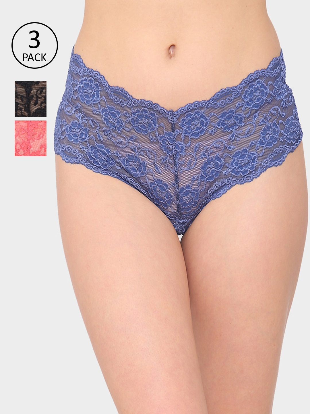 

N-Gal Women Pack Of 3 Self-Design Floral Lace Boyshorts NTDT05, Black