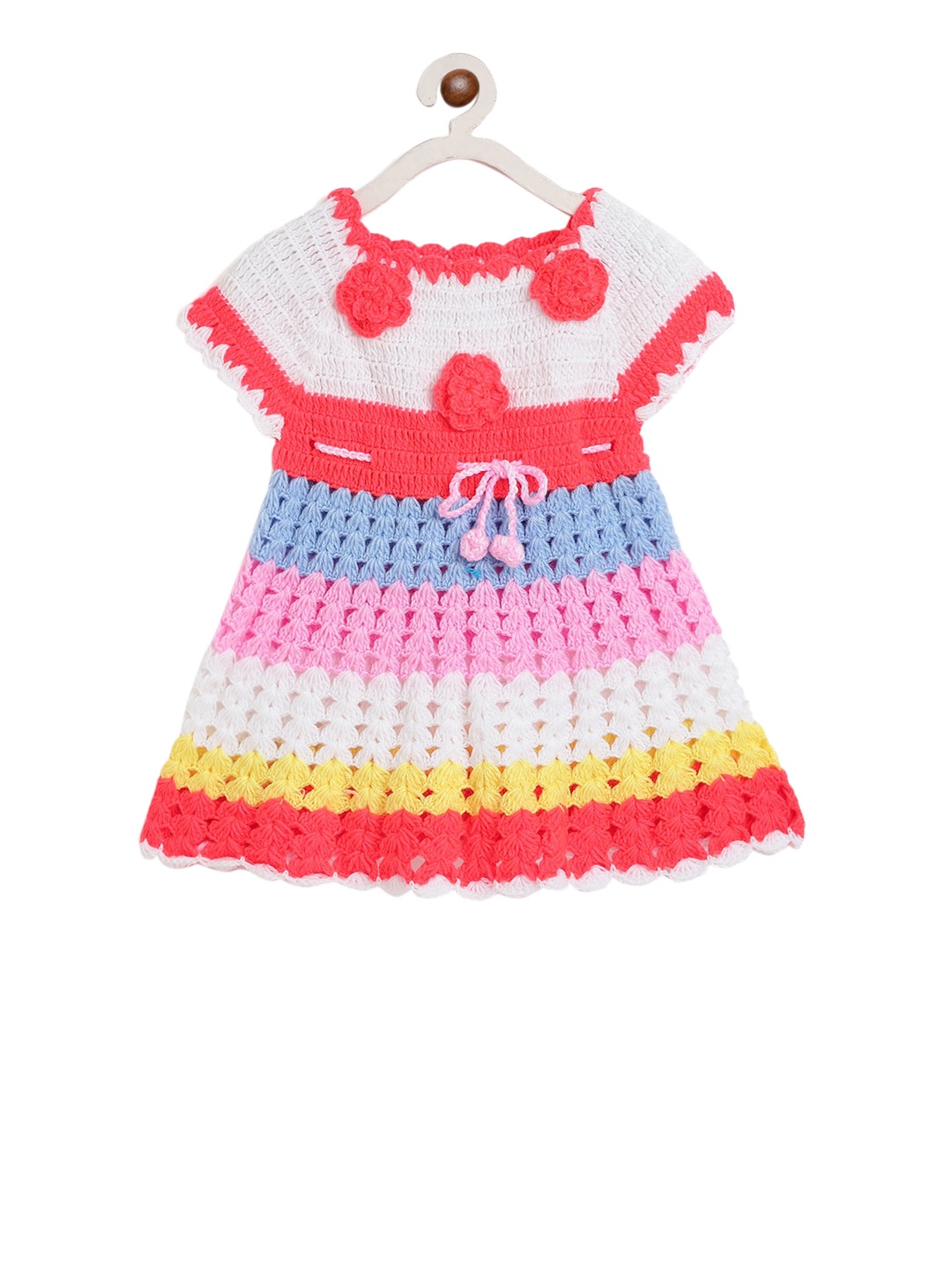 

CHUTPUT Girls Multicoloured Colourblocked Hand Knitted Crochet Fit and Flare Dress, Multi