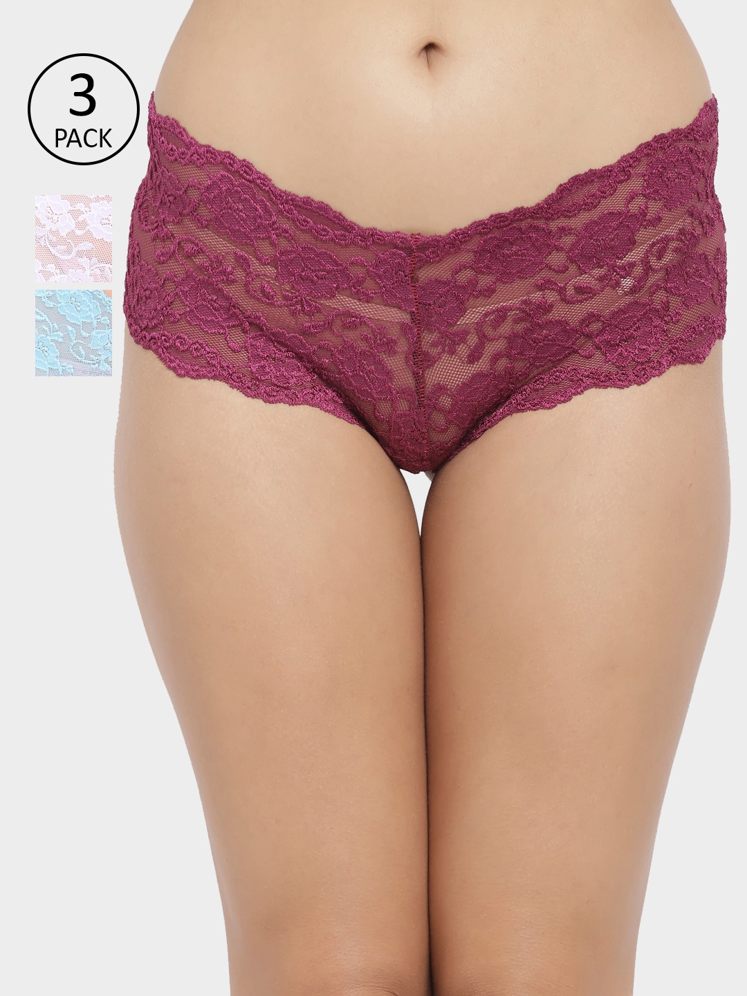 

N-Gal Women Pack Of 3 Self-Design Floral Lace Boyshorts NTDT05, Burgundy