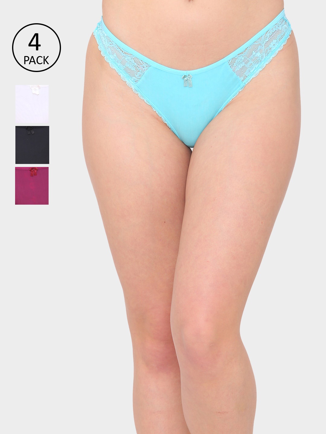 

N-Gal Women Pack Of 4 Solid Lace Thongs Briefs NTDT12, Blue