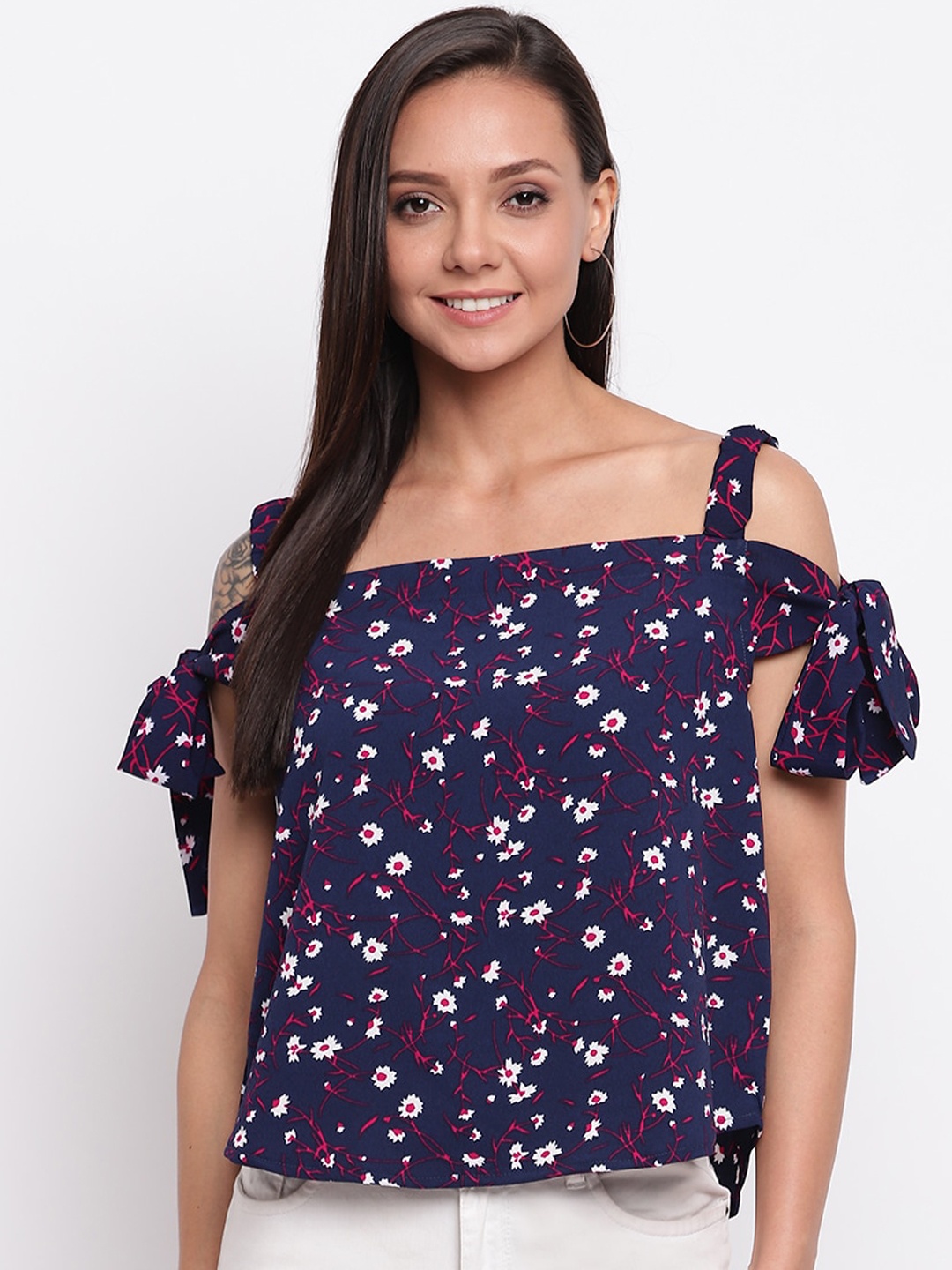 

Mayra Women Navy Blue Printed Boxy Top