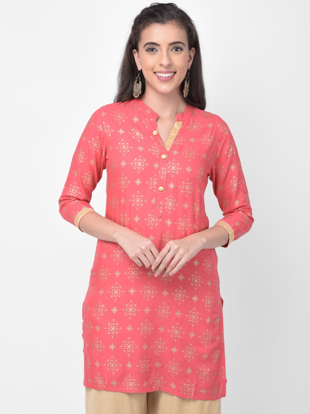 

aayusika Peach Straight Printed Rayon Slub Tunics