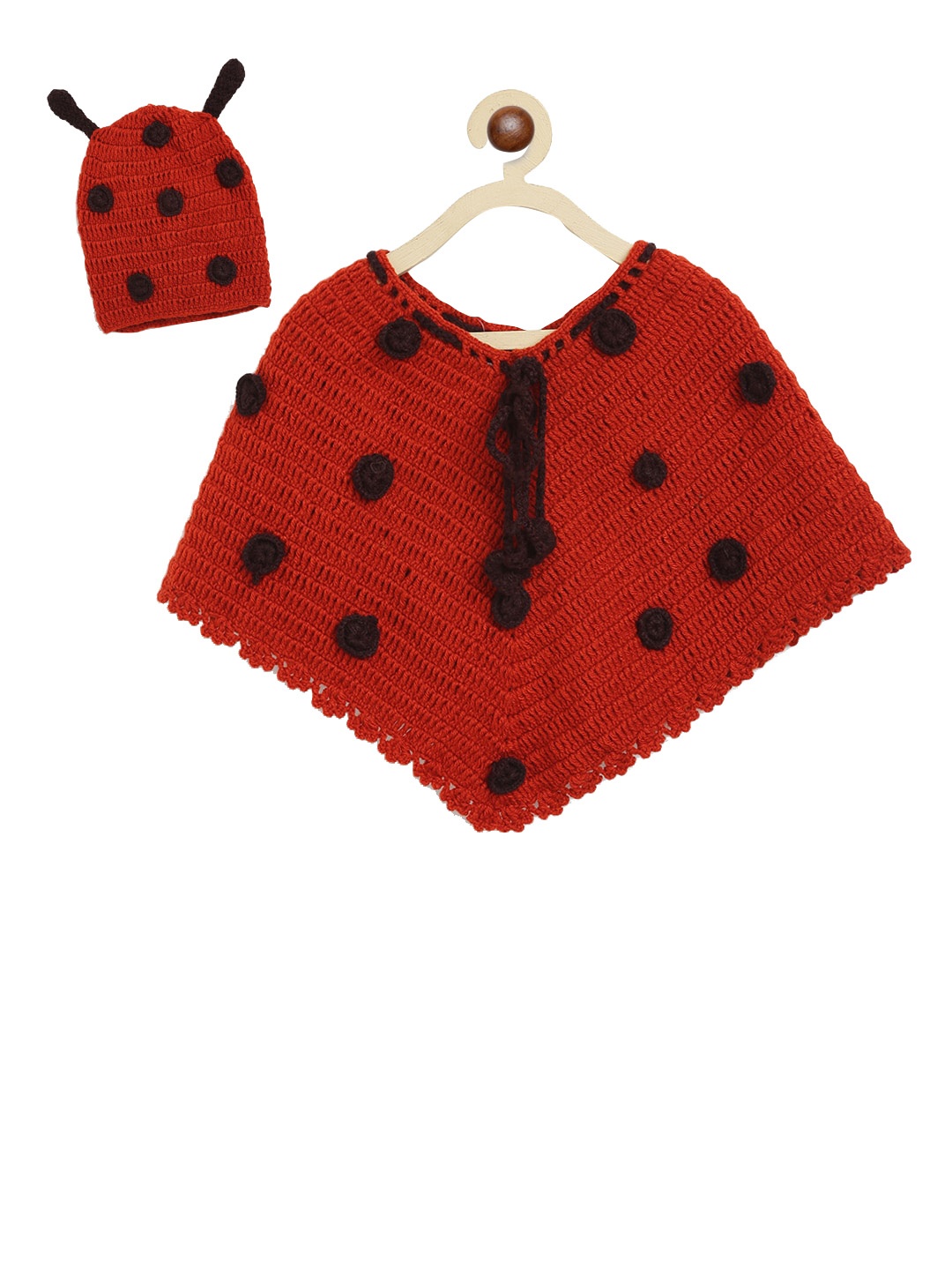 

CHUTPUT Girls Red Self Design Poncho Sweater & Beanie Cap