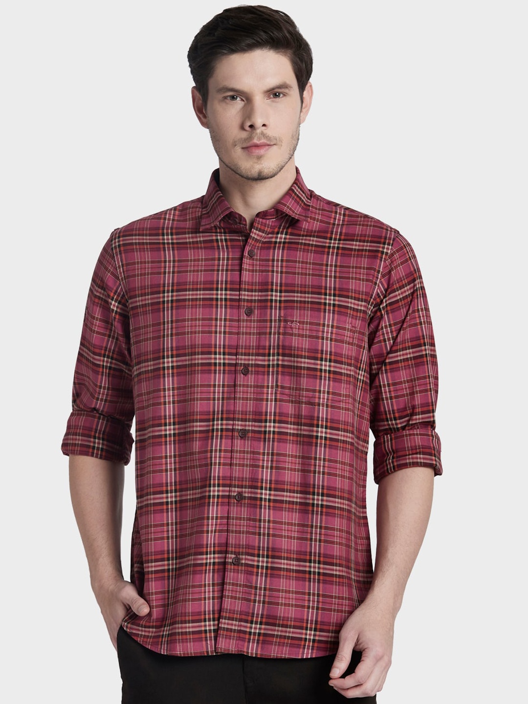 

ColorPlus Men Pink & Brown Tailored Fit Checked Casual Shirt