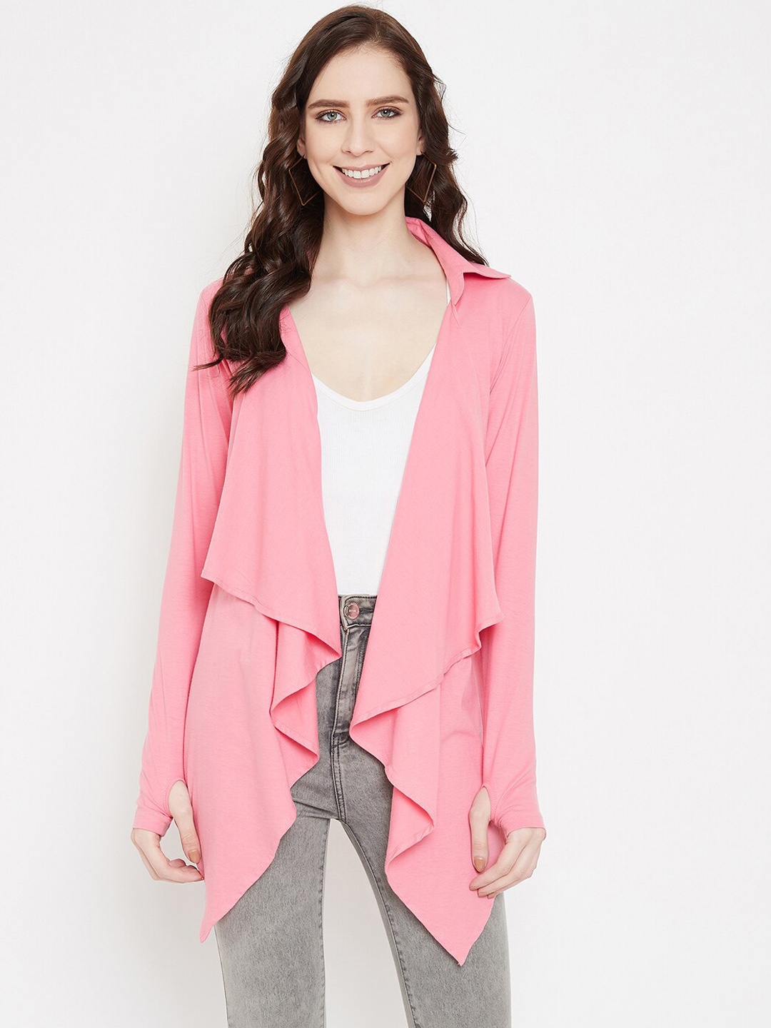 

Hypernation Women Pink Solid Open Front Shrug