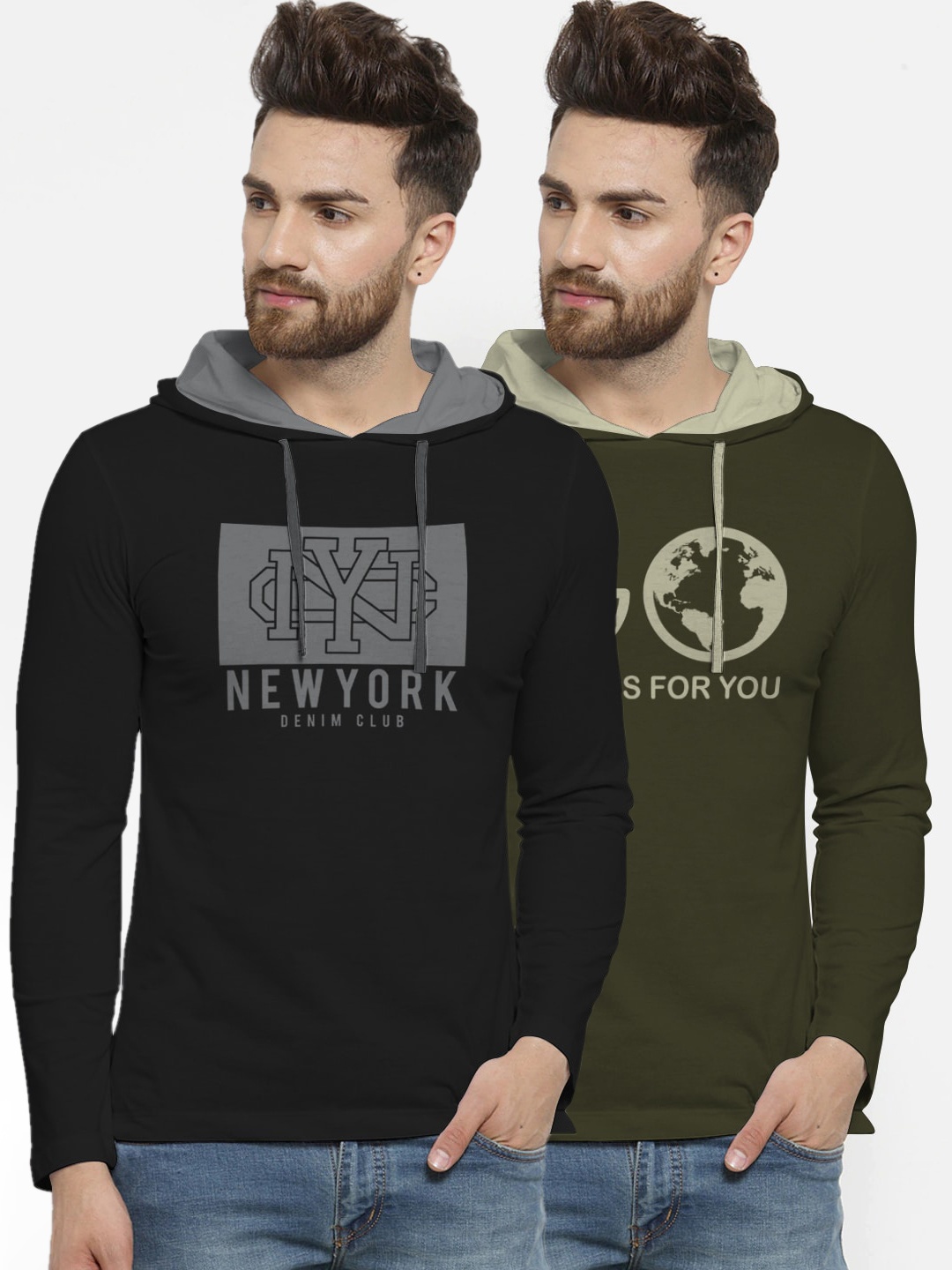 

BULLMER Men Set of 2 Printed Hood T-shirt, Black