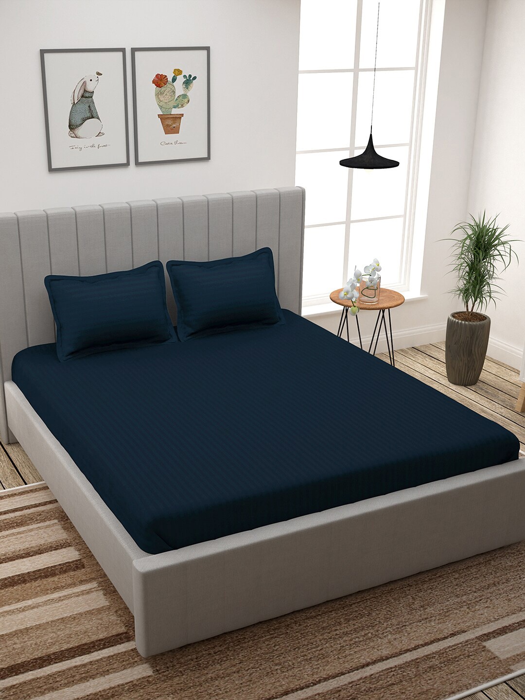 

Story@home Navy Blue & Sea Green Self-Striped 300 TC Cotton 1 King Bedsheet with 2 Pillow Covers