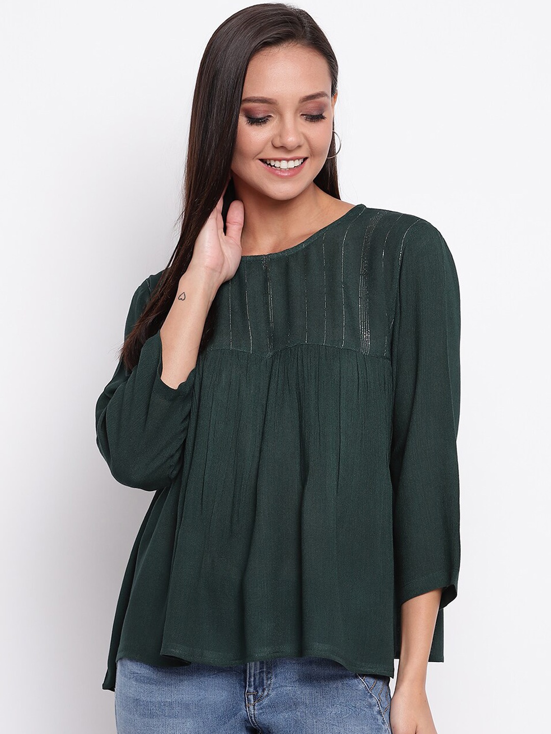 

Mayra Women Green Self Design Top