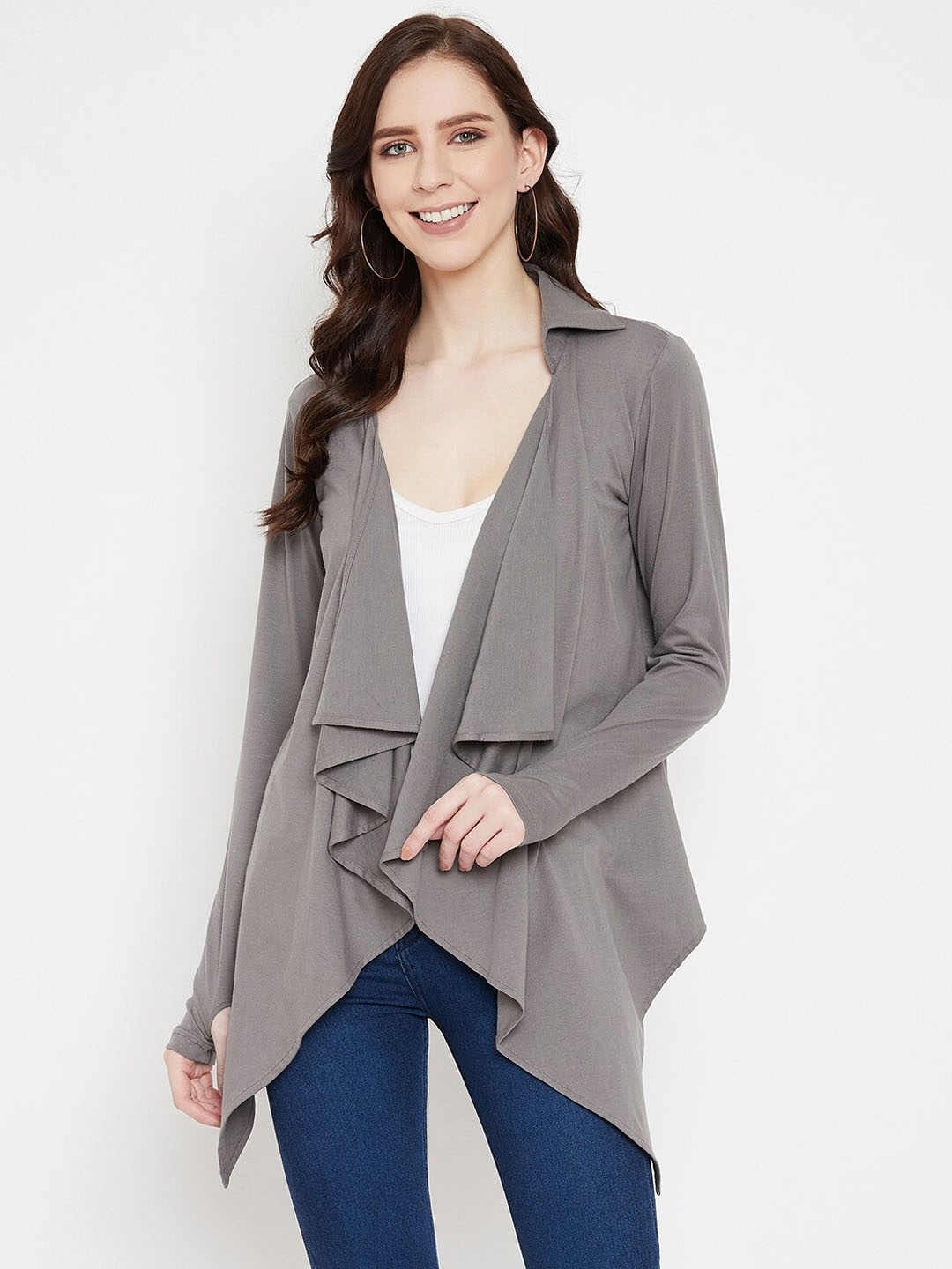 

Hypernation Women Grey Solid Open Front Shrug