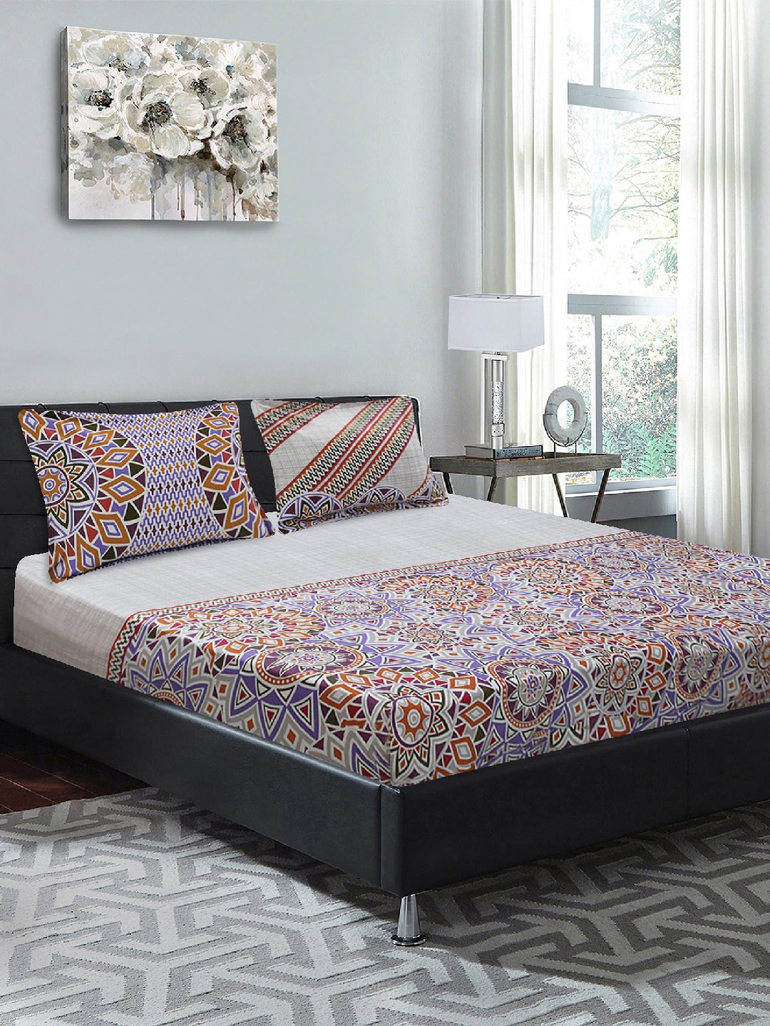 

Good Homes by Home Candy Grey & Purple Abstract 210 TC Cotton 1 King Bedsheet with 2 Pillow Covers