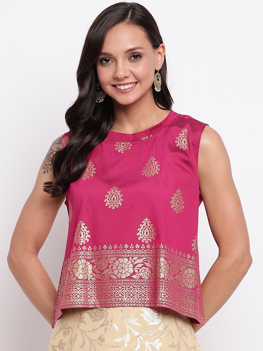 

Mayra Pink Ethnic Motifs Pure Silk Top