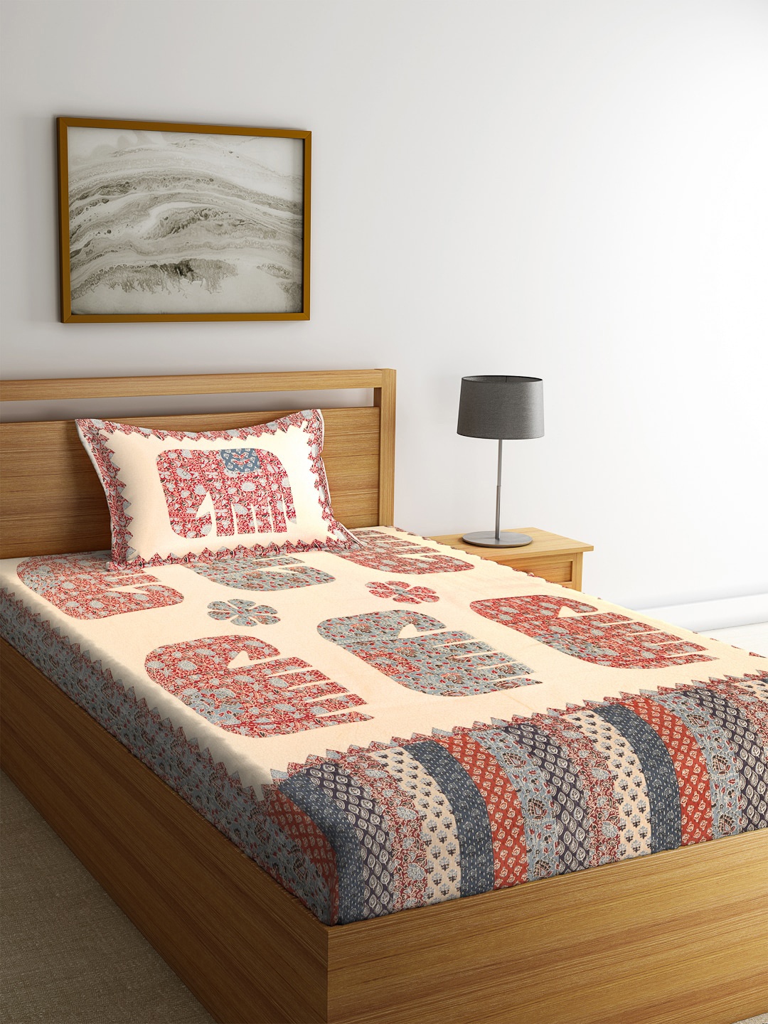 

Rajasthan Decor White & Brown Ethnic Motifs 144 TC Cotton 1 Single Bedsheet with 1 Pillow Covers