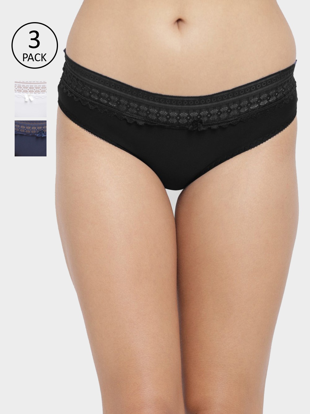 

N-Gal Women Pack Of 3 Solid Floral Lace Edge Bikini Briefs NTDT19, Black