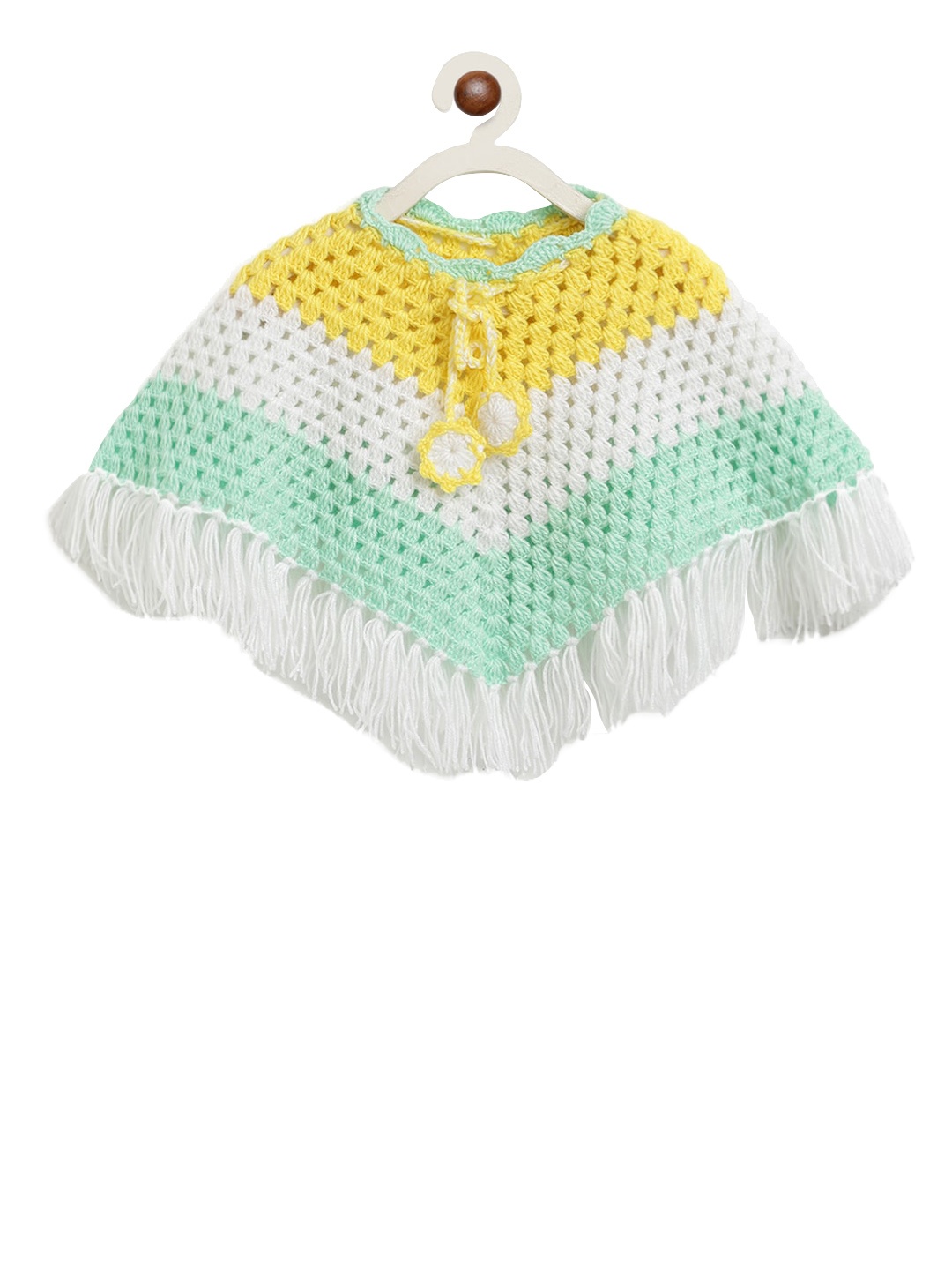 

CHUTPUT Girls Yellow & White Colourblocked Hand-Knitted Crochet Woolen Poncho Sweater